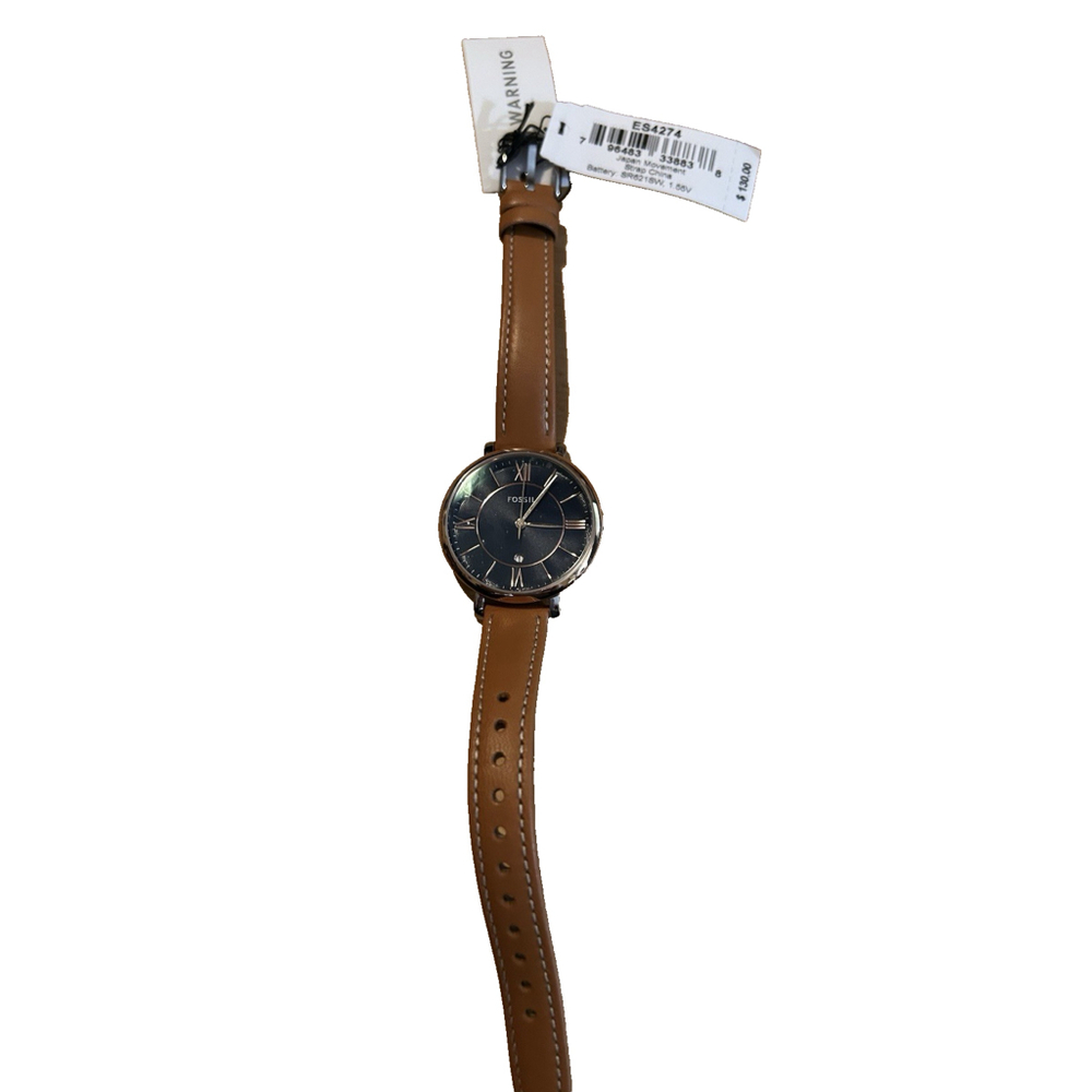 Fossil Carlie Mini Three-Hand Tan Leather Watch Blue Face Quartz